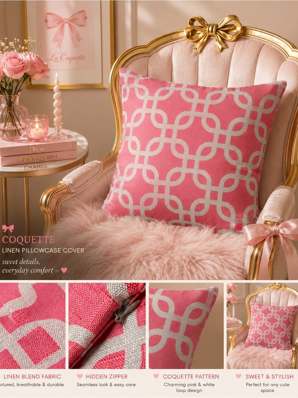 18x18 Coquette Pink White Geometric Linen Pillow Cover Hidden Zipper Home Decor